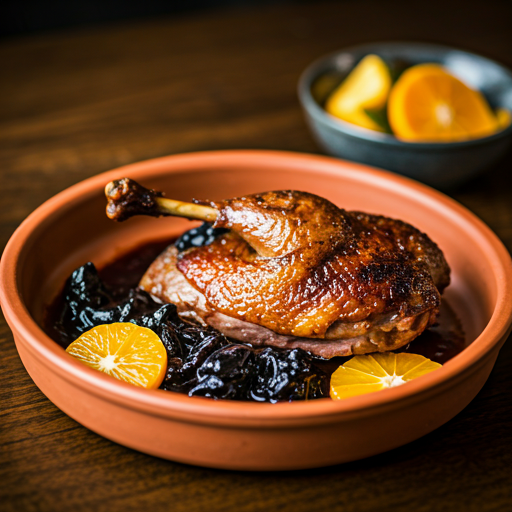 Slow-roasted terracotta duck breast with cherry gastrique, parsnip fondant, and wilted greens