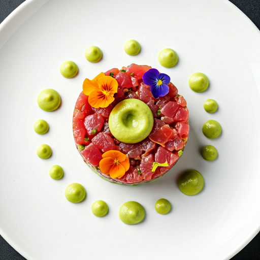 Tuna tartare with colorful edible flowers and avocado puree dots arranged symmetrically on a white plate